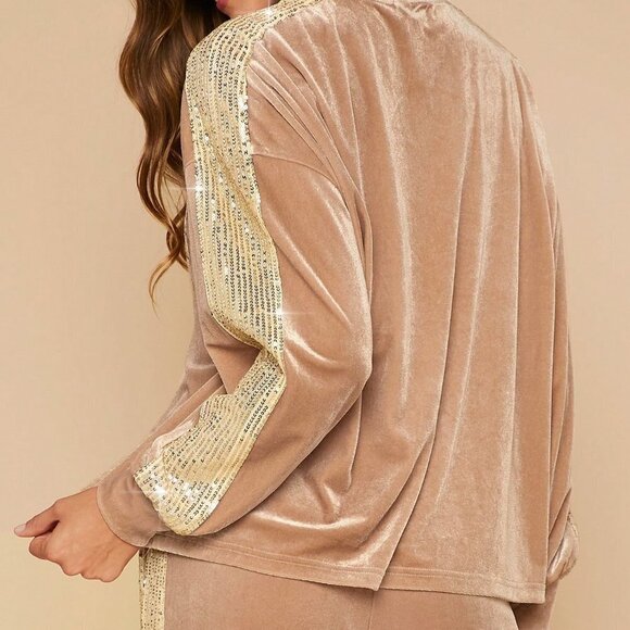 Apricot Casual Womens Heart Sequin Drop Shoulder Velvet Sweatshirt - Picture 2 of 5